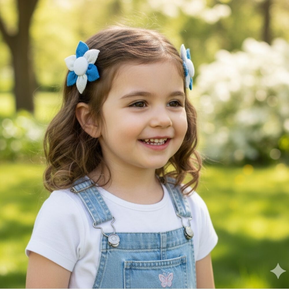 Girls Handmade 2pc Set Of Blue/White Floral Hair Clip- Brand New